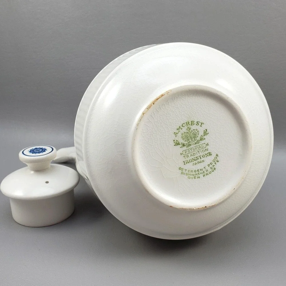 Amcrest Potomac Teapot Ironstone White BlueGreen Design 1960's MCM Japan Vintage